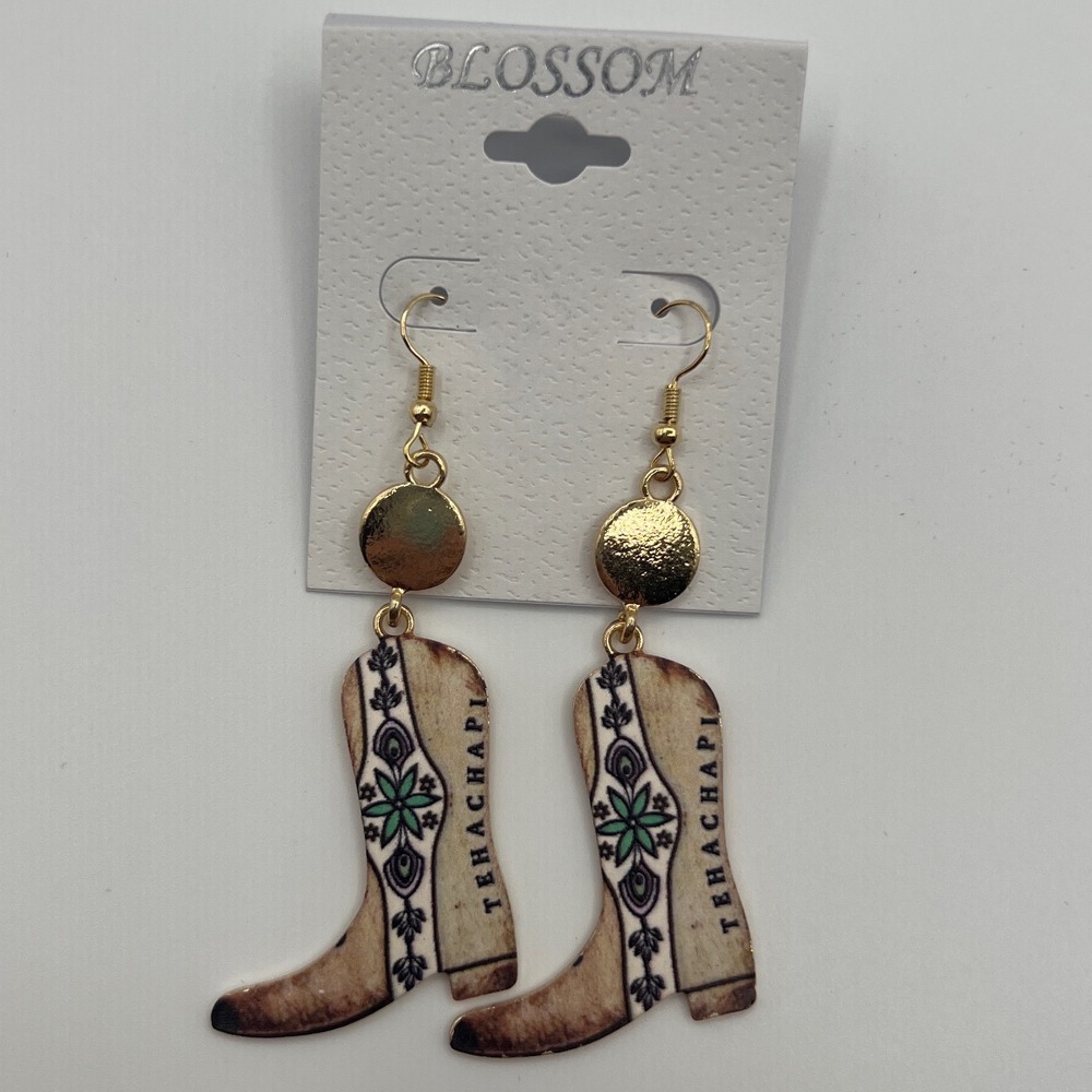 Blossom Tehachapi Cowboy Boot Drop Earrings Gold Tone Western Boho Dangle NEW
